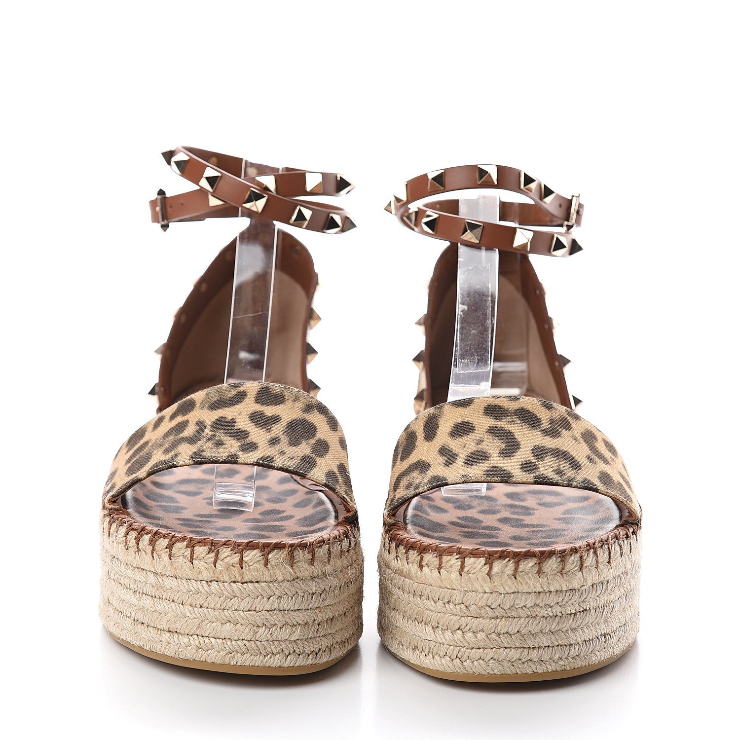 Valentino Garavani Canvas Leopard Print Rockstud Ankle Wrap Espadrille Flatform Sandals 41 Brown 2 of 7
