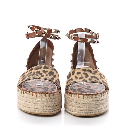 Valentino Garavani Canvas Leopard Print Rockstud Ankle Wrap Espadrille Flatform Sandals 41 Brown 2 of 7