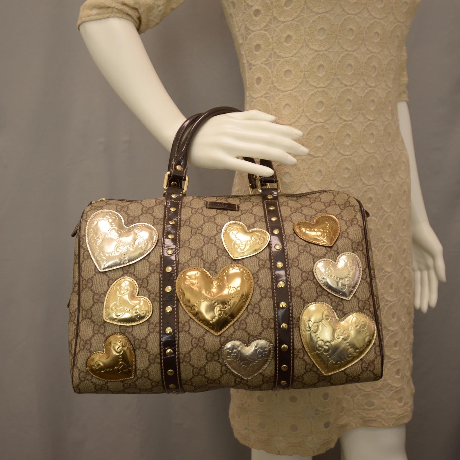 Gucci Monogram Guccissima Hearts Studded Medium Joy Boston Dark Brown 2 of 7