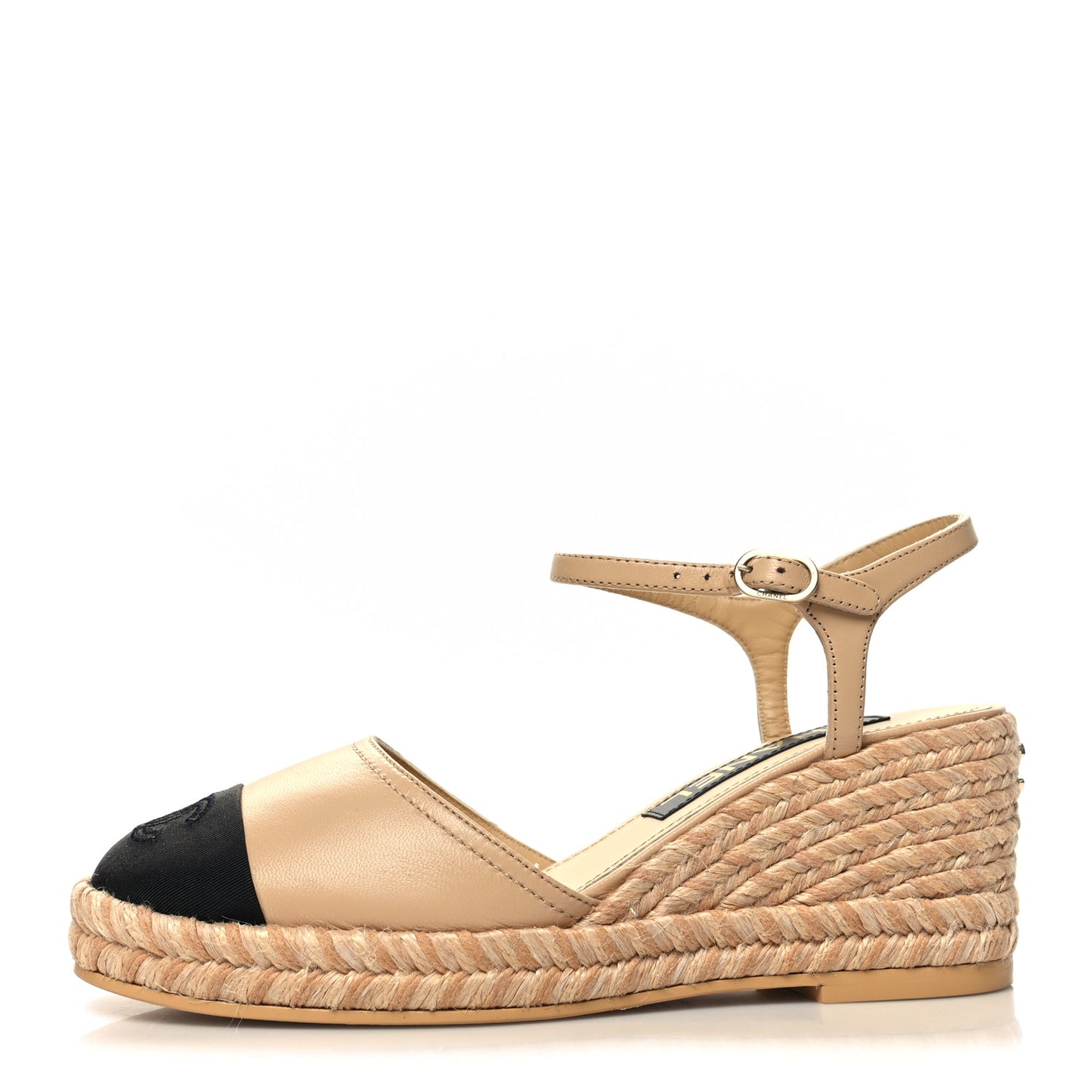 Lambskin Grosgrain CC Espadrilles Wedges 36 Beige Black