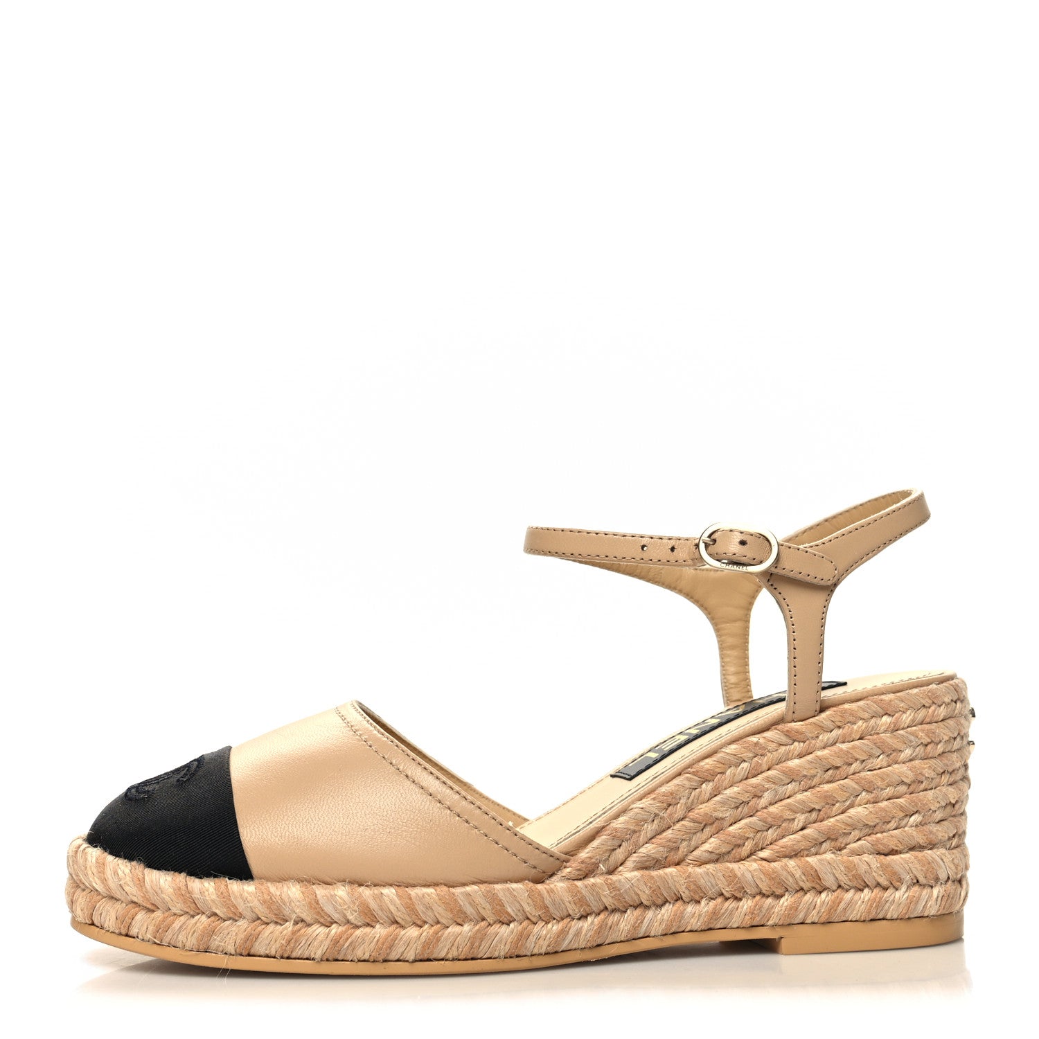 Chanel Lambskin Grosgrain CC Espadrilles Wedges 36 Beige Black 1 of 9