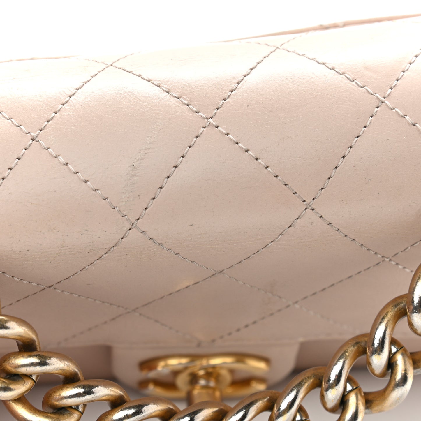 Glazed Calfskin Quilted Mini Straight Lined Flap Beige
