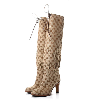 Gucci Monogram Lisa Mid Heel Boots 36 Beige Ebony 3 of 10
