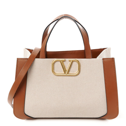 Valentino Garavani Canvas Calfskin Small Vlogo Signature Handbag Beige Selleria 1 of 9