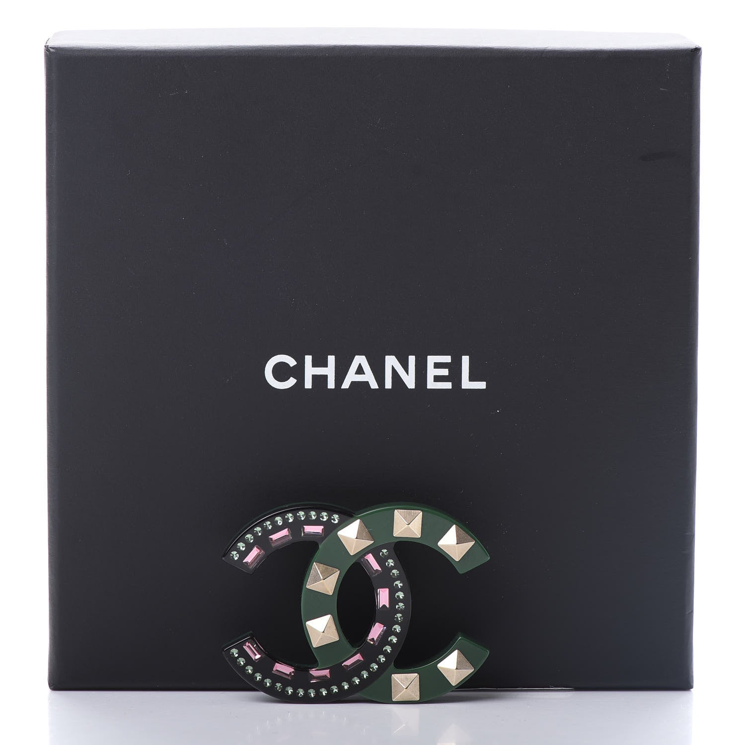 Chanel Resin Crystal Studded CC Brooch Green Multicolor 6 of 6