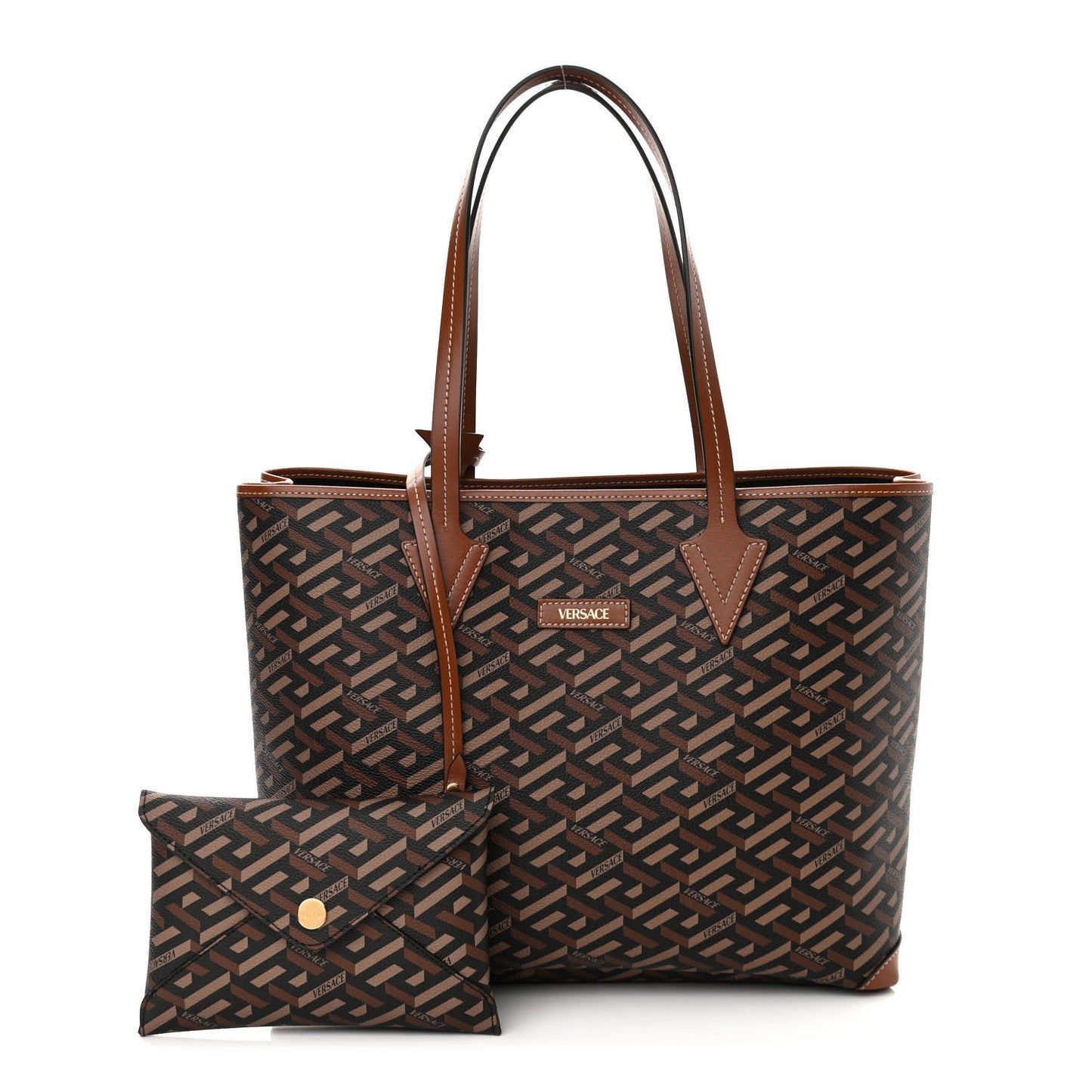 Coated Canvas Calfskin La Greca Signature Shopper Tote Bag Black Caramel