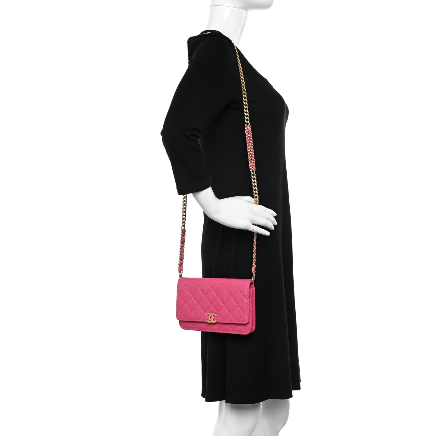 Shiny Caviar Quilted Chain Melody Wallet On Chain WOC Dark Pink