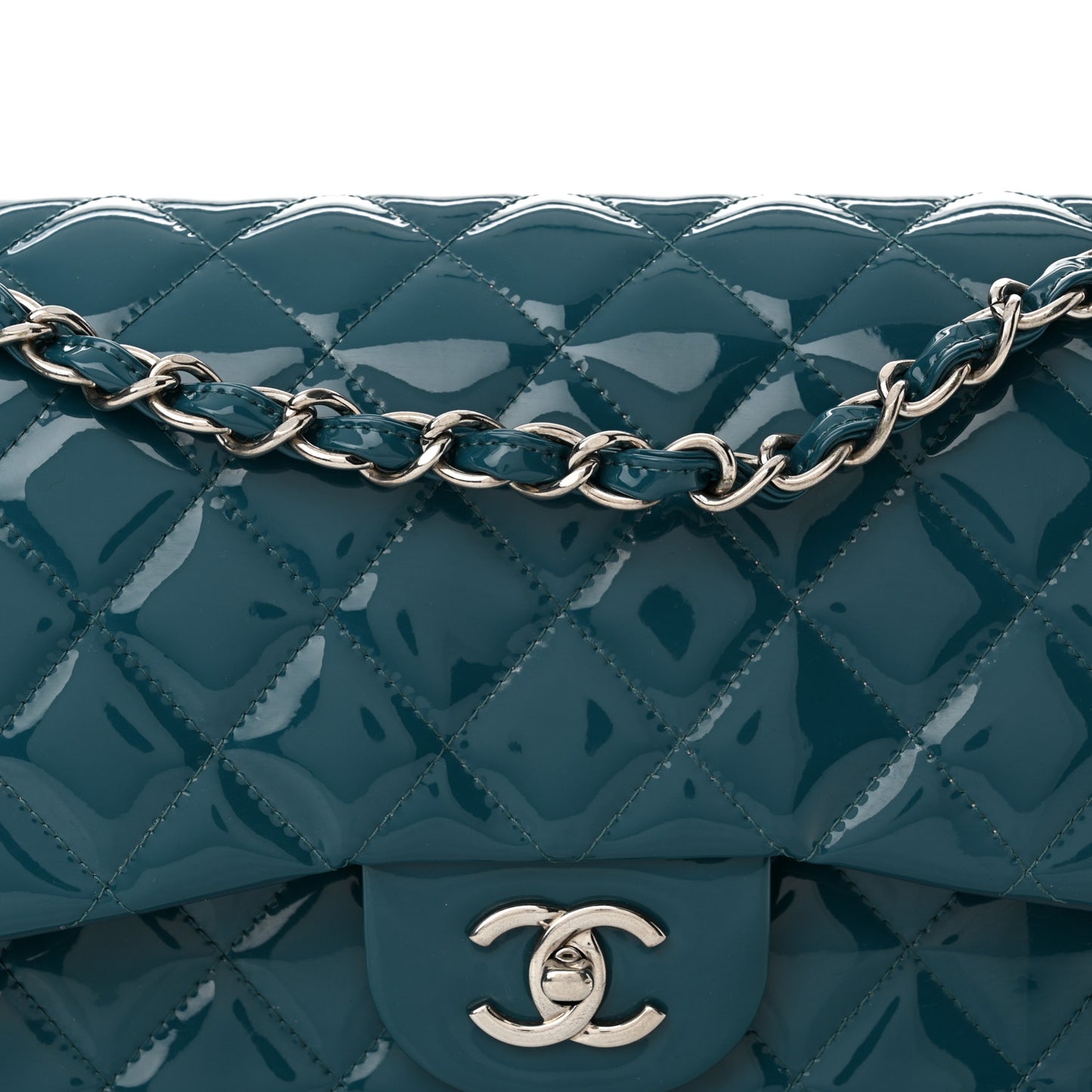 Patent Calfskin Quilted Jumbo Double Flap Turquoise