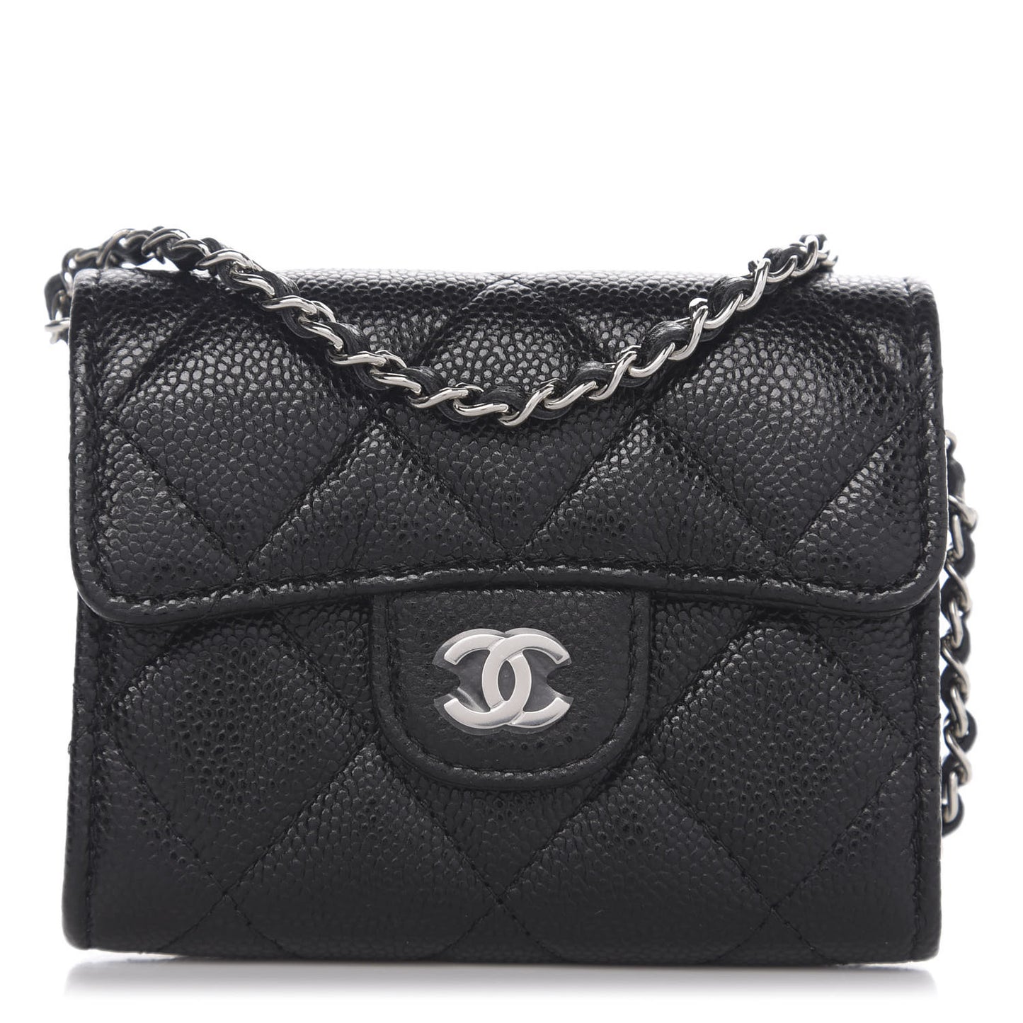 Caviar Quilted Flap Card Holder On Chain Black
