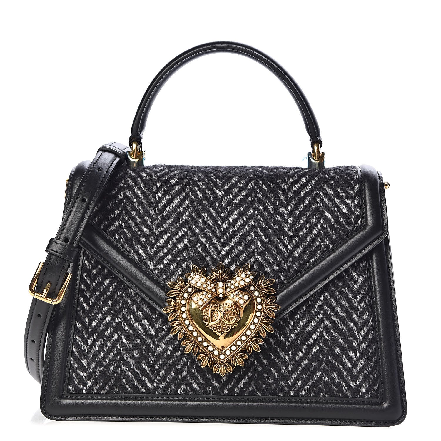 Dolce & Gabbana Calfskin Tweed Chevron Medium Devotion Top Handle Bag Black 1 of 9