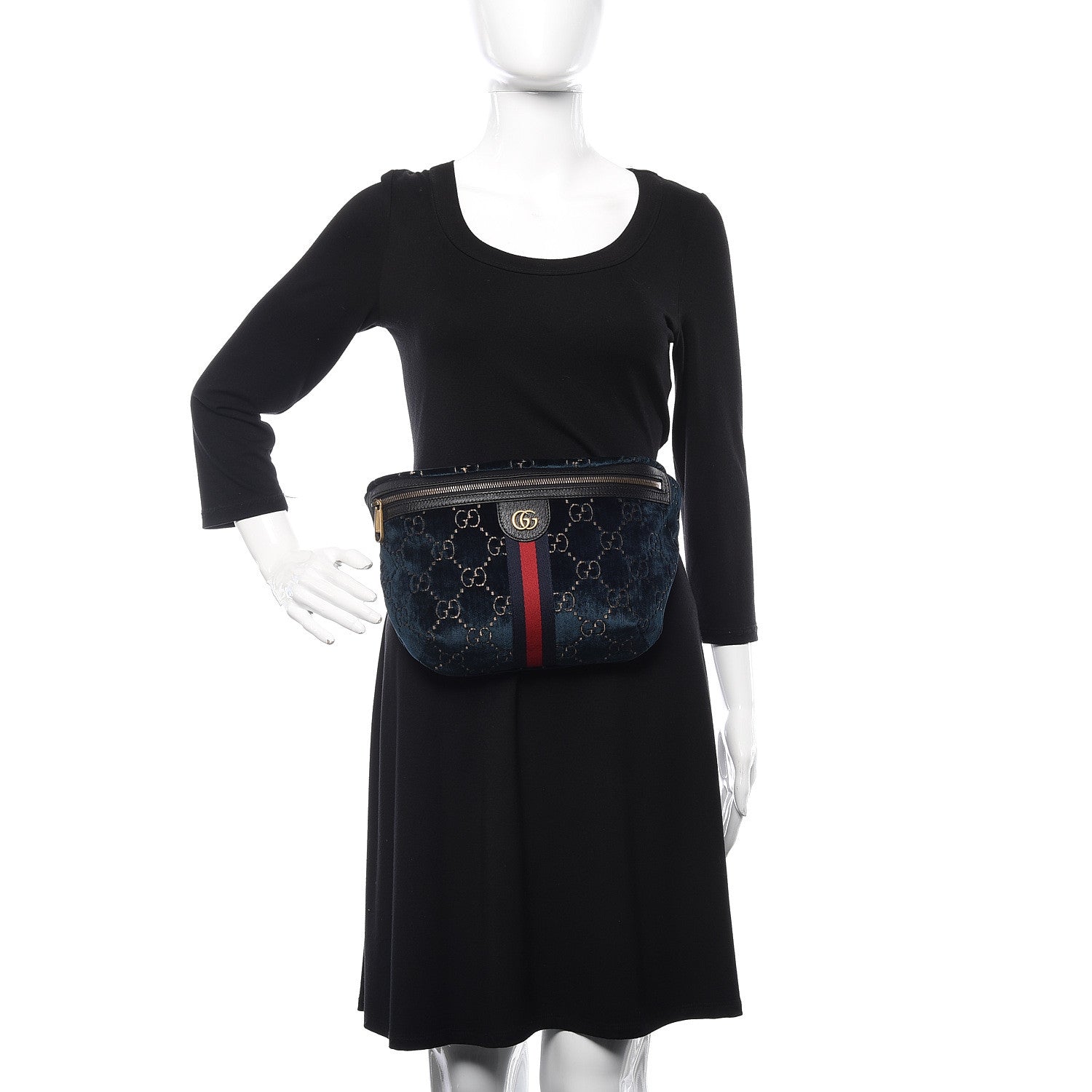 Gucci Velvet GG Monogram Web Belt Bag Blue Beige 2 of 9