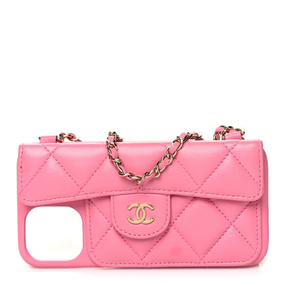 Chanel Lambskin Quilted Pearl Crush iPhone XII Pro Holder With Chain Pink 1 of 12