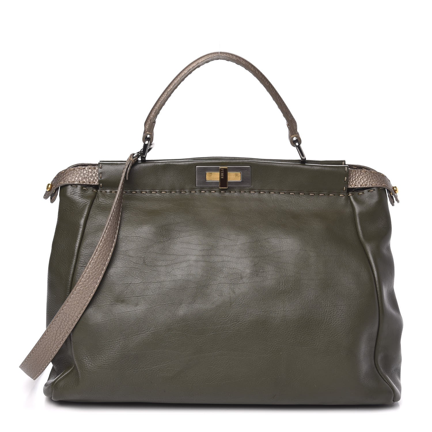 Fendi Vitello Saddle Cuoio Romano Selleria Large Peekaboo Iconic Satchel Olive 1 of 13