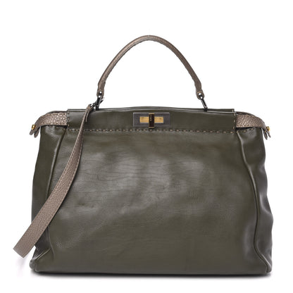 Fendi Vitello Saddle Cuoio Romano Selleria Large Peekaboo Iconic Satchel Olive 1 of 13
