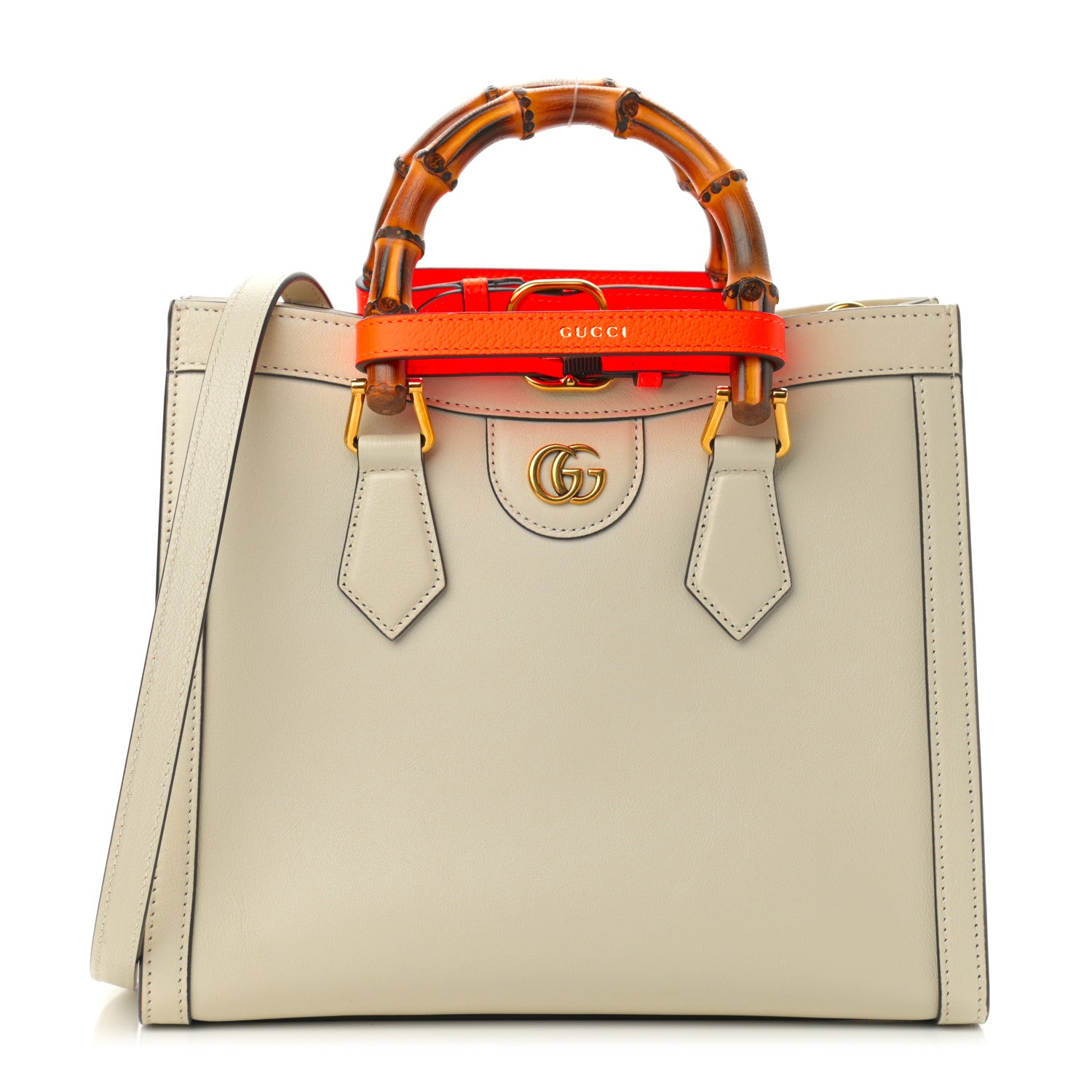 Gucci Wonka Grain Calfskin Small Diana Tote Bag Mystic White Orange Fluo 1 of 13