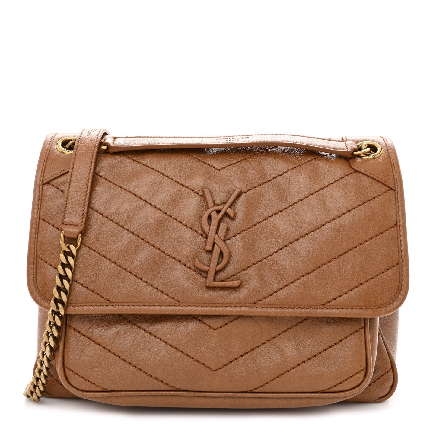 Crinkled Calfskin Matelasse Monogram Medium Niki Chain Satchel Caramel