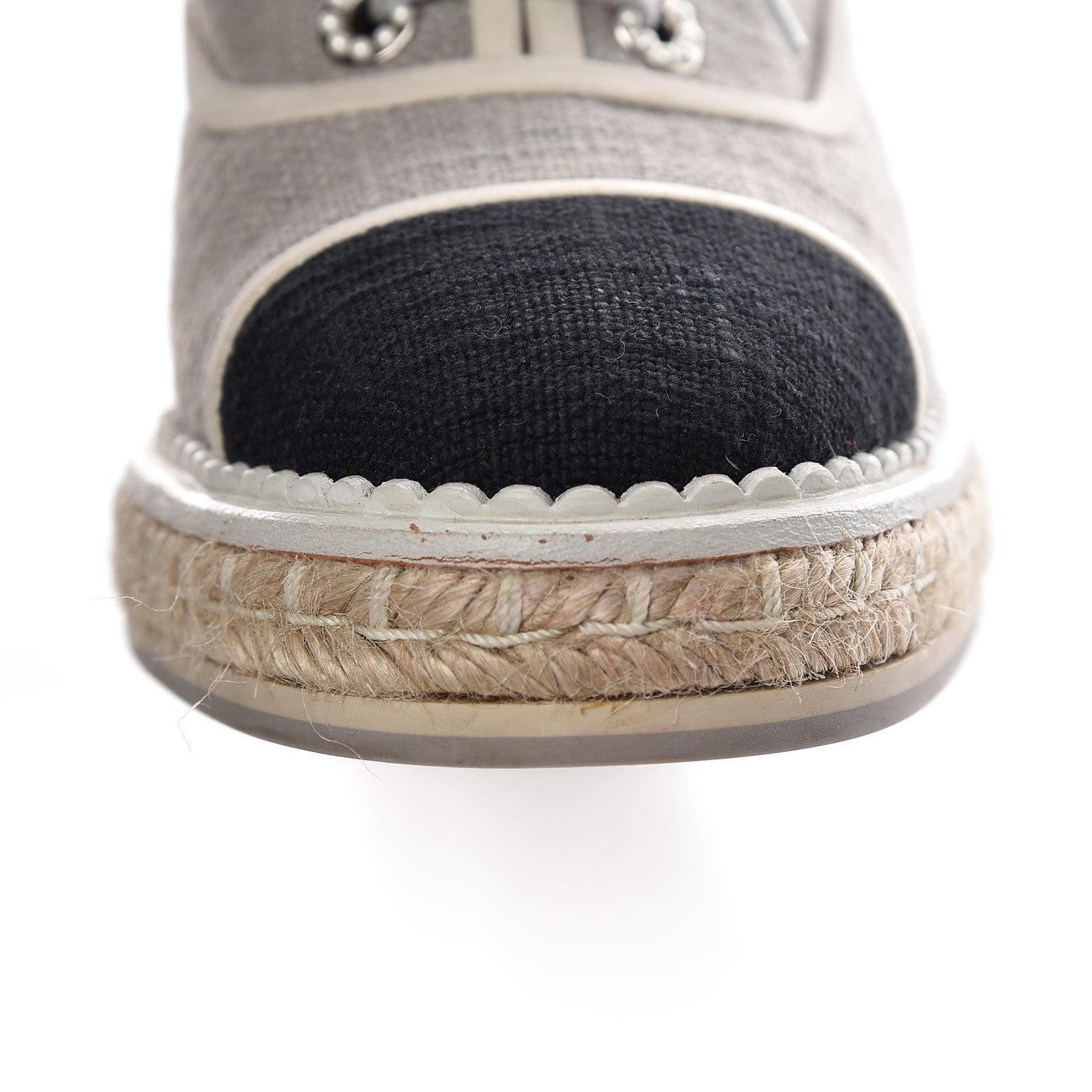 Chanel Cotton Lace Up Wedge Espadrilles 38.5 Grey Navy Blue 11 of 15