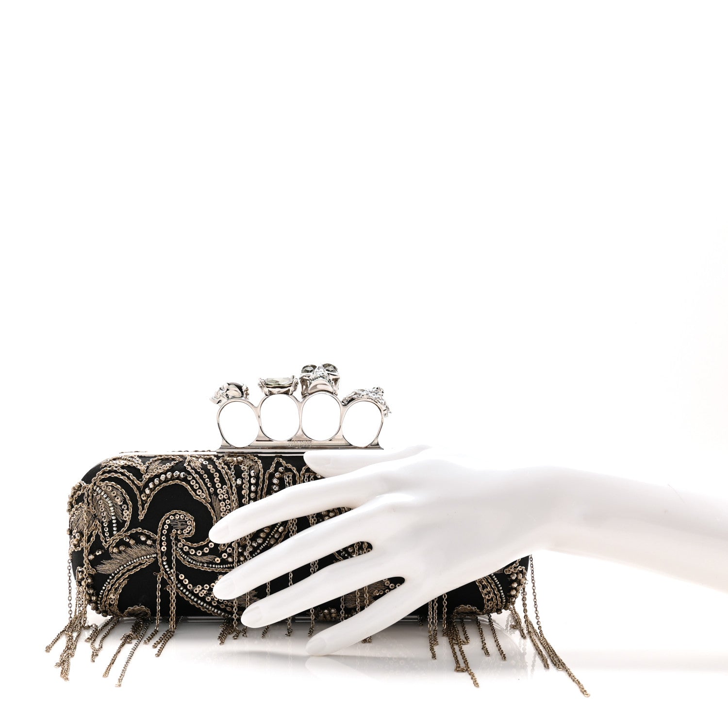 Alexander McQueen Silk Chain Skull Knuckle Box Clutch Black 2 of 12