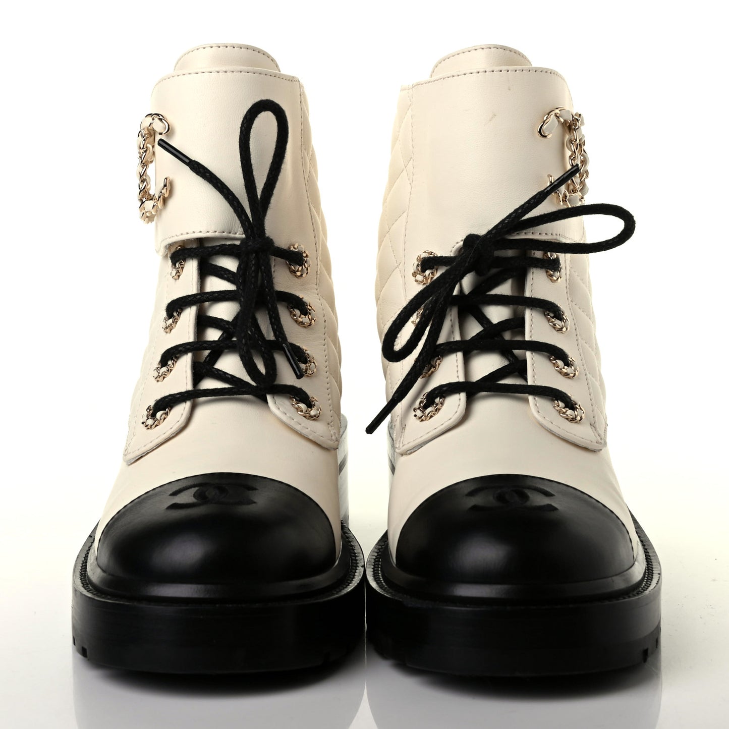 Shiny Goatskin Calfskin Quilted Lace Up Combat Boots 39 White Black