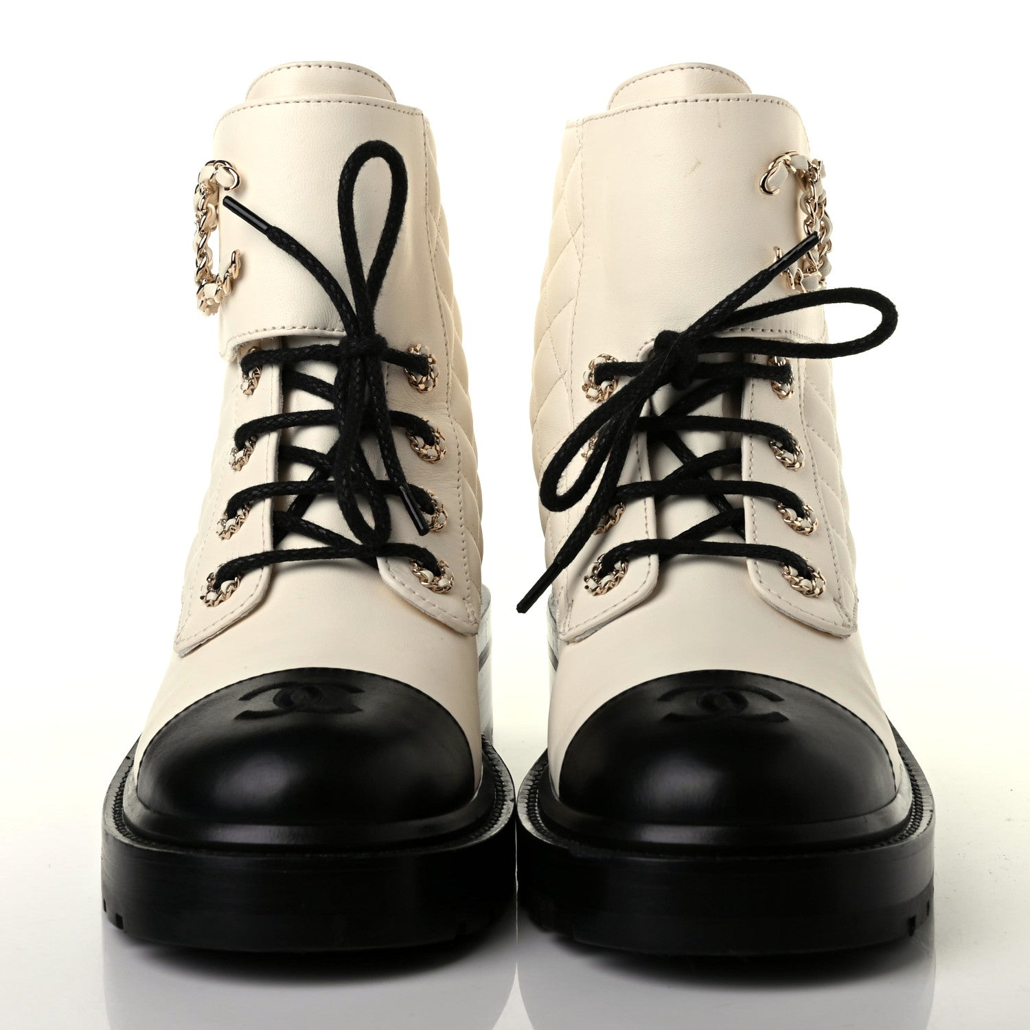 Chanel Shiny Goatskin Calfskin Quilted Lace Up Combat Boots 39 White Black 2 of 14
