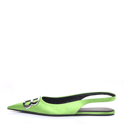 Balenciaga Satin BB Knife Pointy Toe Slingback Flats 38 Neon Green 1 of 11