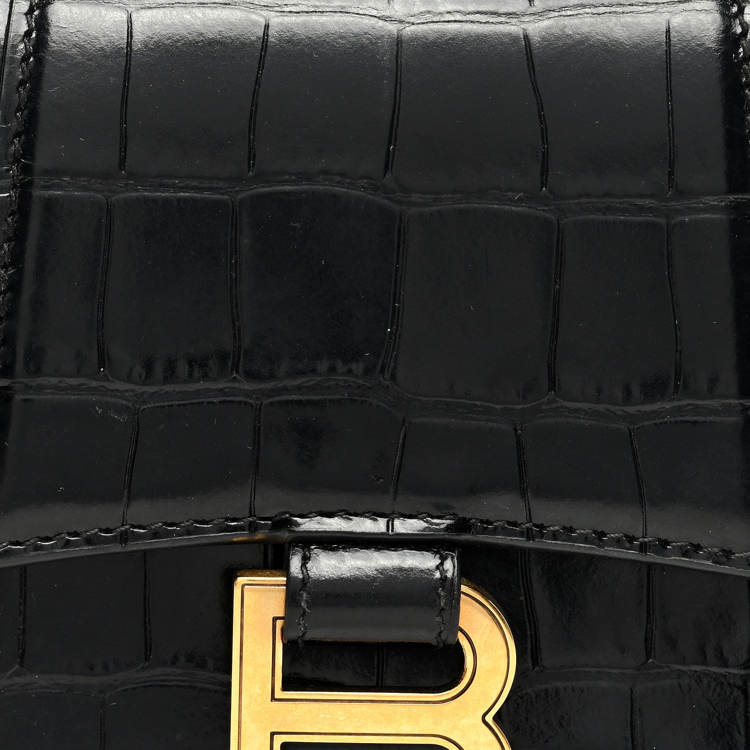 Balenciaga Shiny Calfskin Crocodile Embossed Hourglass Top Handle Bag XS Black 7 of 9