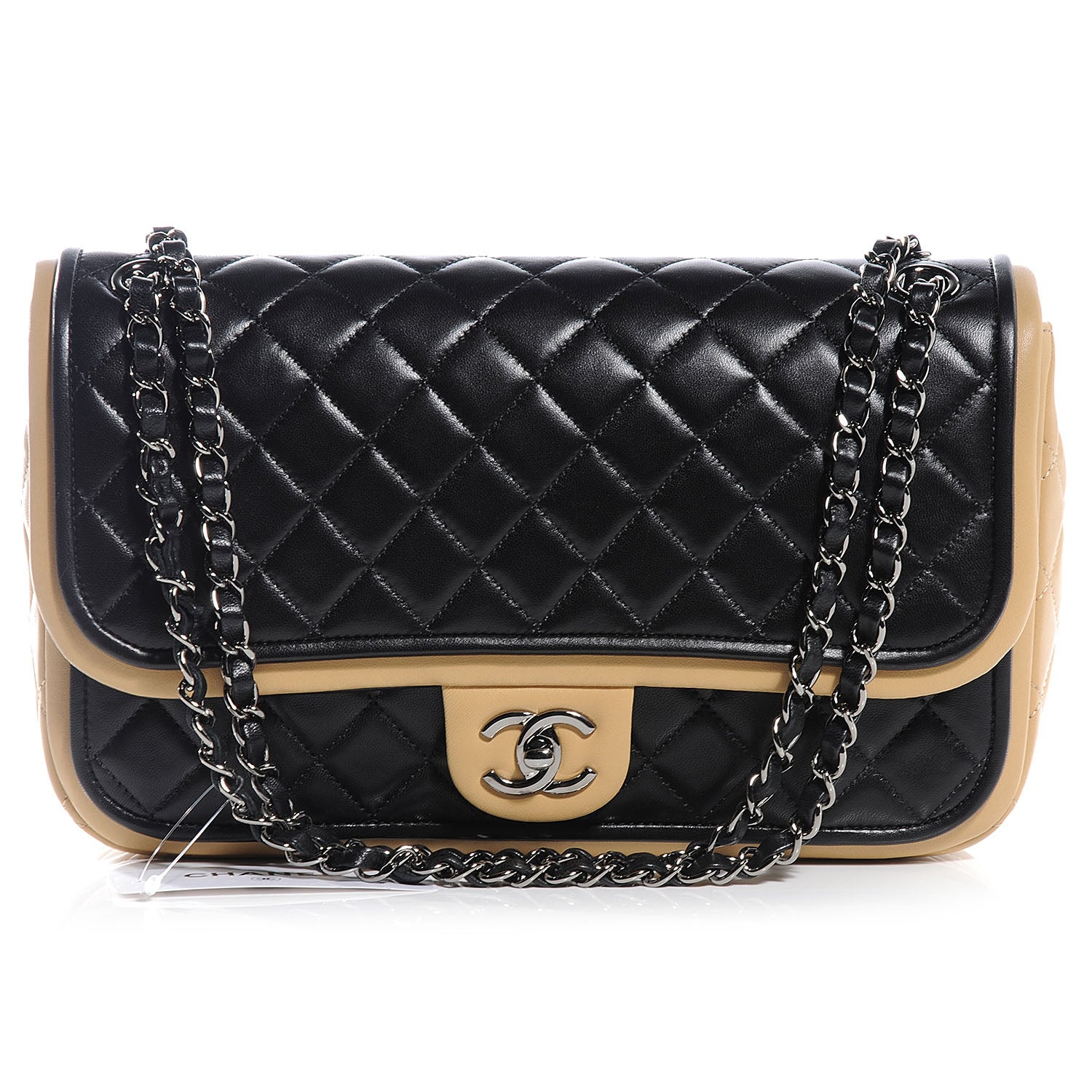 Chanel Lambskin Quilted Jumbo Classic Twist Flap Bag Black Beige 1 of 9