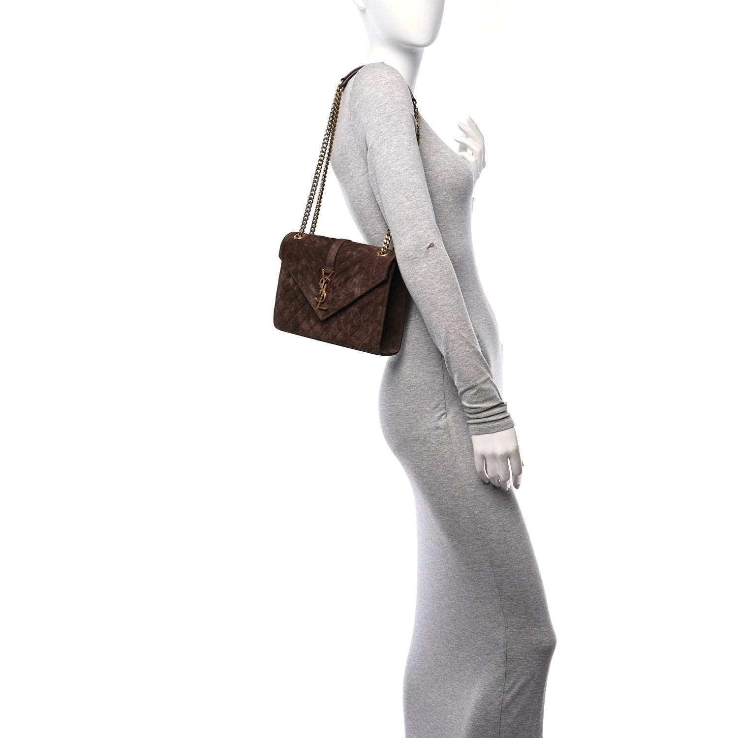 Saint Laurent Suede Mixed Matelasse Triquilt Medium Monogram Envelope Satchel Bark Brown 2 of 9