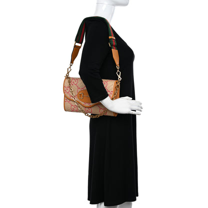 Gucci Raffia Textured Dollar Calfskin GG Monogram Web Small Horsebit 1955 Crossbody Bag Natural Bright Hibiscus Sun Oil 2 of 12