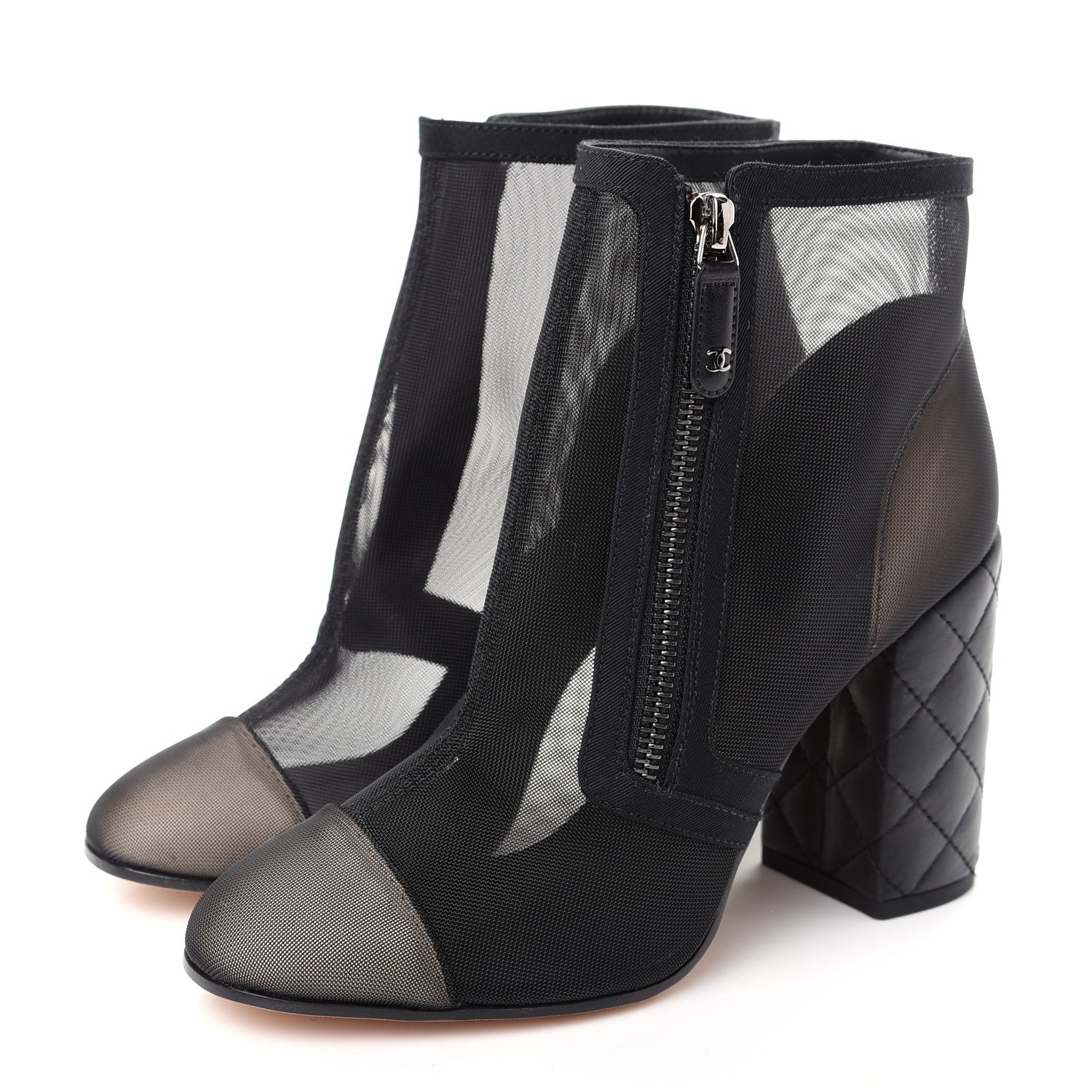 Chanel Mesh Grosgrain Cap Toe Short Boots 37.5 Beige Black 3 of 11