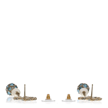 Chanel Crystal Pearl CC Ball Chain Drop Earrings Gold Blue 3 of 5