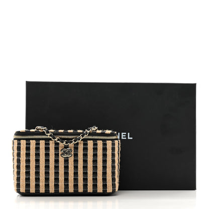Chanel Raffia Jute Striped Small Vanity Case With Chain Black Beige 10 of 10