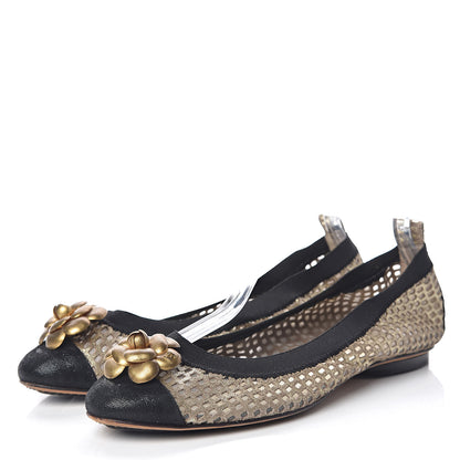 Chanel Perforated Elastic Camellia Ballerina Flats 40 Gold Black 3 of 14