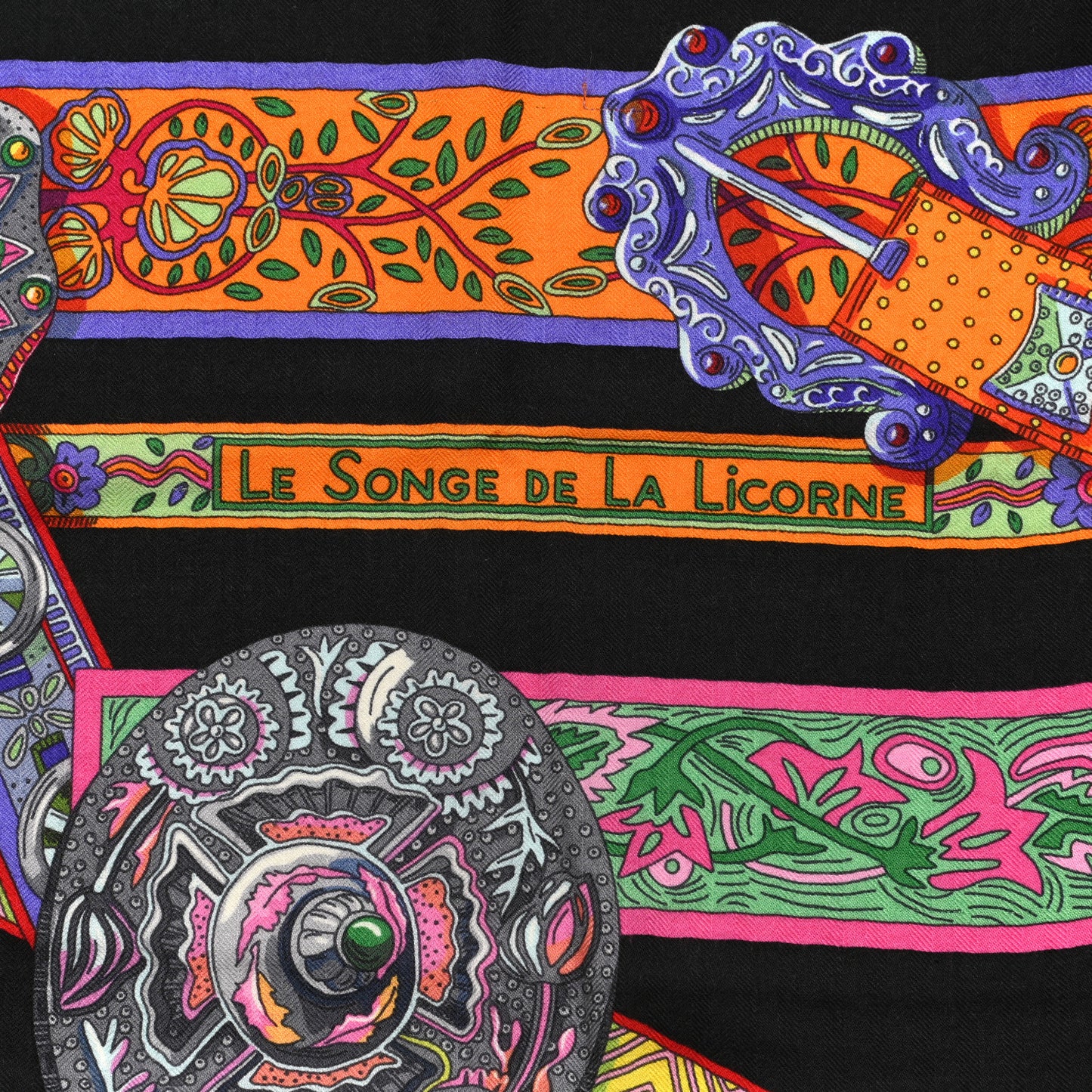 Cashmere Silk Le Songe De La Licorne Shawl 140 Black Orange Rouge Vif