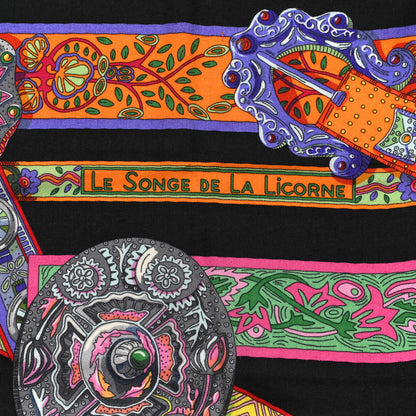 Hermes Cashmere Silk Le Songe De La Licorne Shawl 140 Black Orange Rouge Vif 5 of 6
