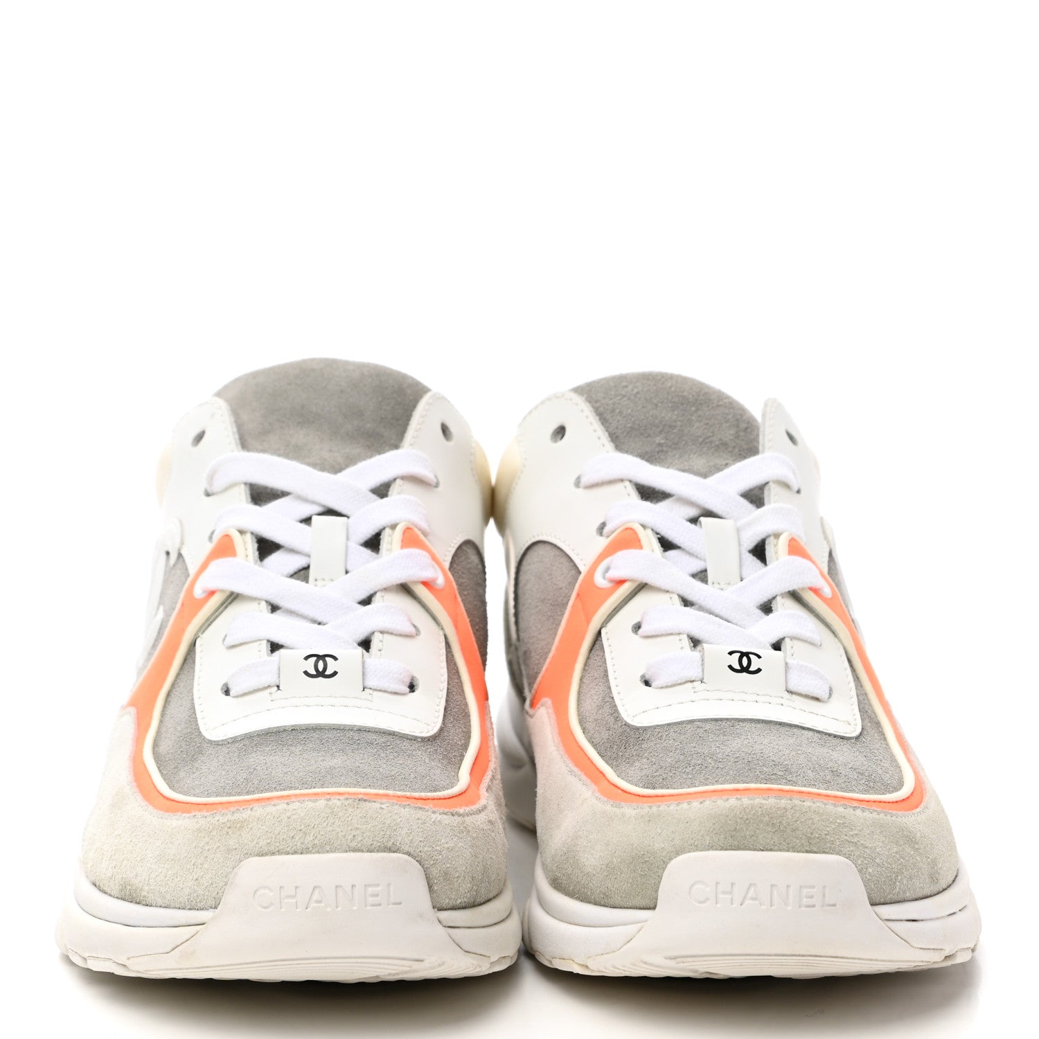 Chanel Suede Calfskin Fabric CC Sneakers 40 White Grey Fluo Orange 2 of 8