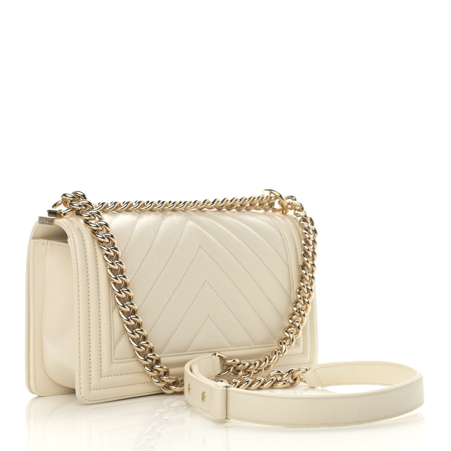 Caviar Chevron Quilted Medium Boy Flap Beige