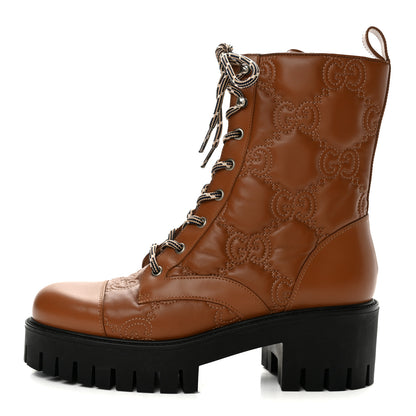 Gucci Cordovan Lux Nappa GG Matelasse Lace Up 60mm Combat Boots 40 Dark Hazel Brown 1 of 11