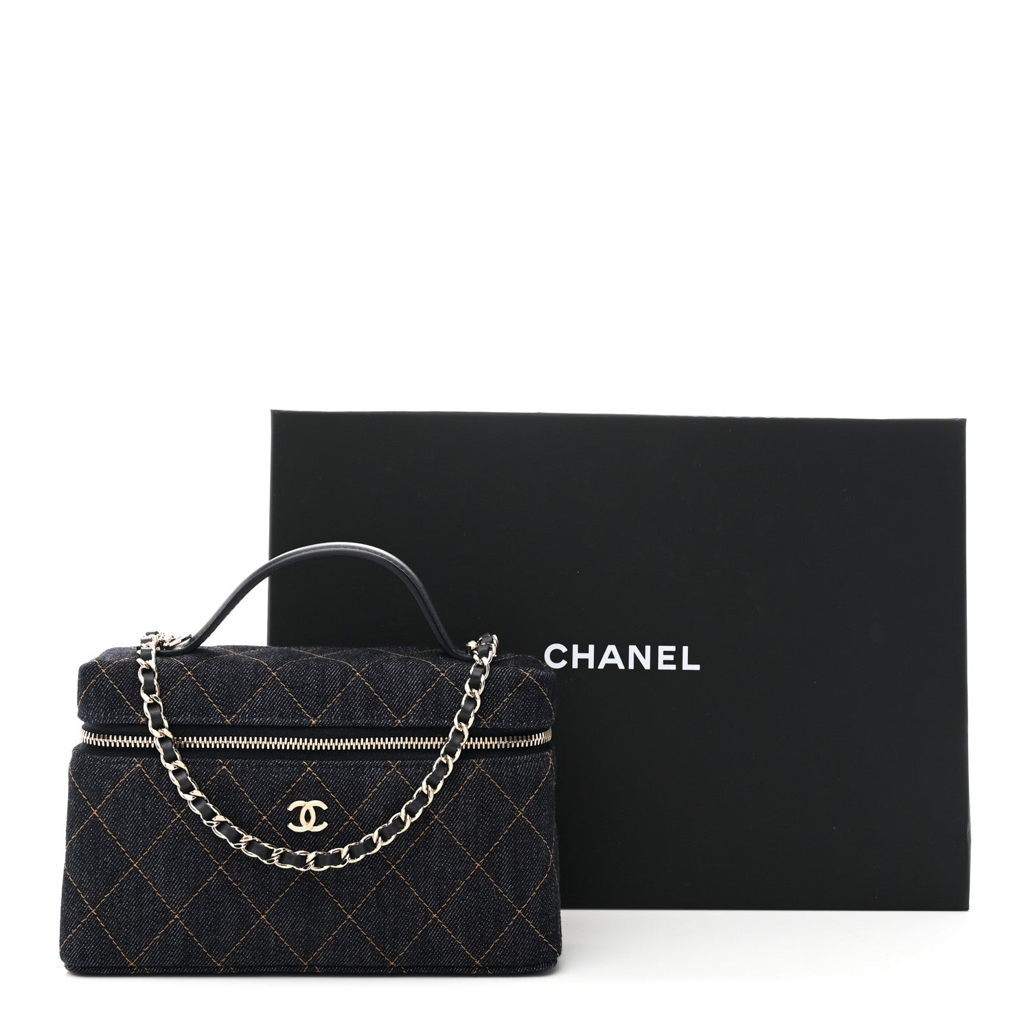 Chanel Denim Quilted Top Handle Slim Vanity Case With Chain Dark Blue Orange 11 of 11