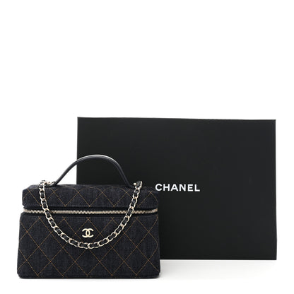 Chanel Denim Quilted Top Handle Slim Vanity Case With Chain Dark Blue Orange 11 of 11