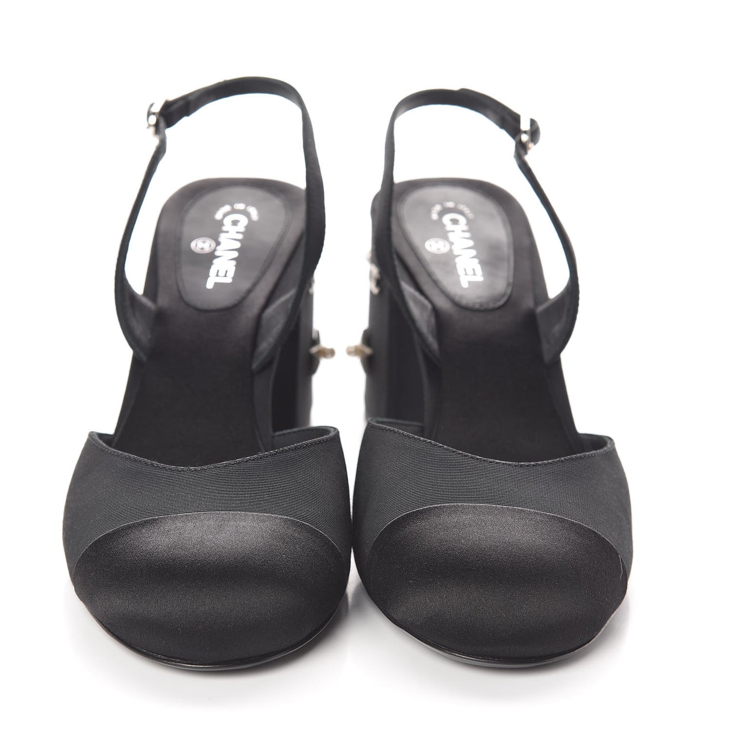 Grosgrain Satin Cap Toe Peal Star CC Slingback Pumps 38 Black