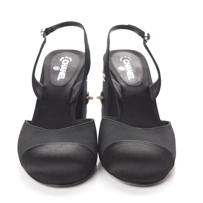 Chanel Grosgrain Satin Cap Toe Peal Star CC Slingback Pumps 38 Black 2 of 7