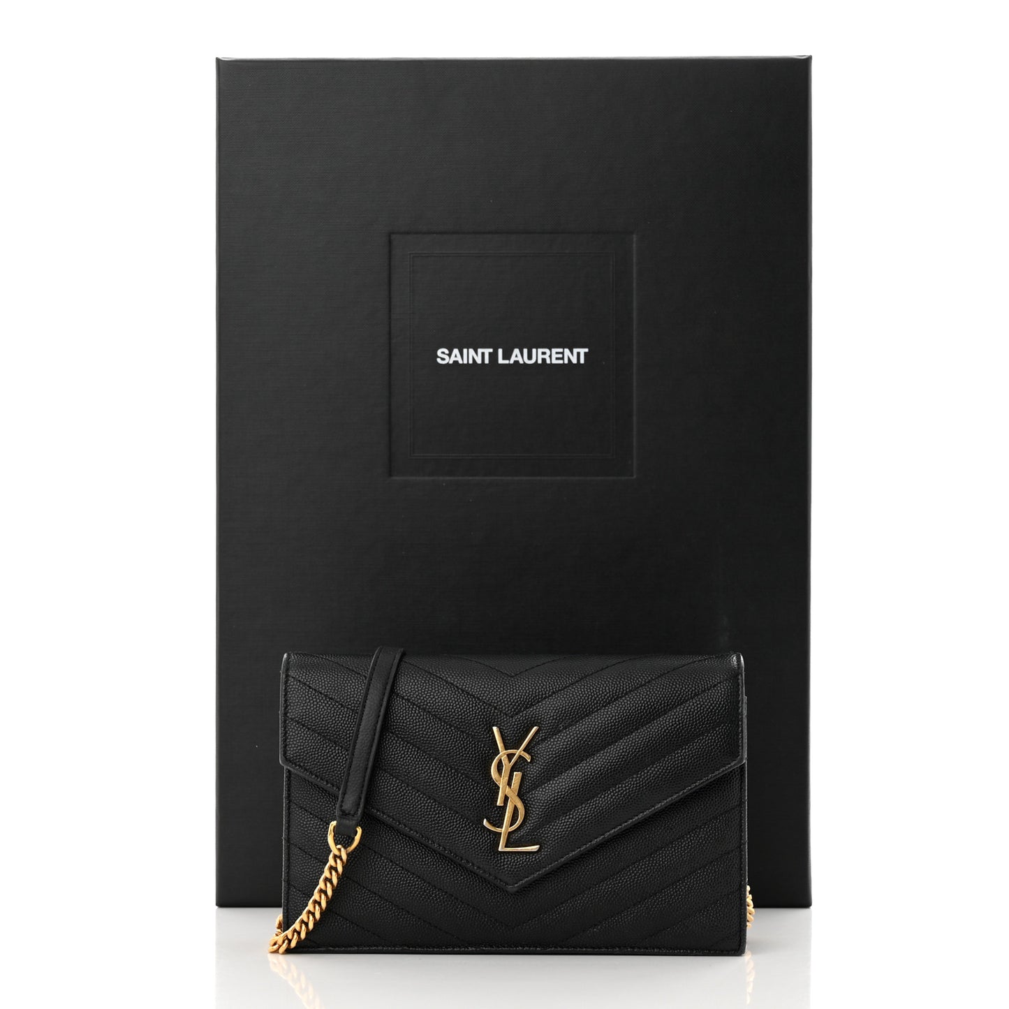 Grain De Poudre Matelasse Chevron Monogram Envelope Chain Wallet Black