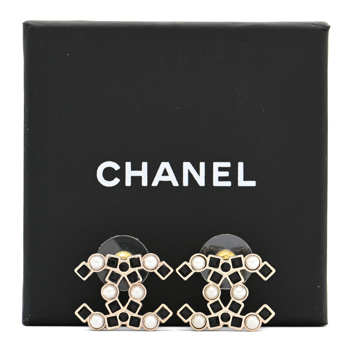 Pearl Crystal CC Earrings Gold Black