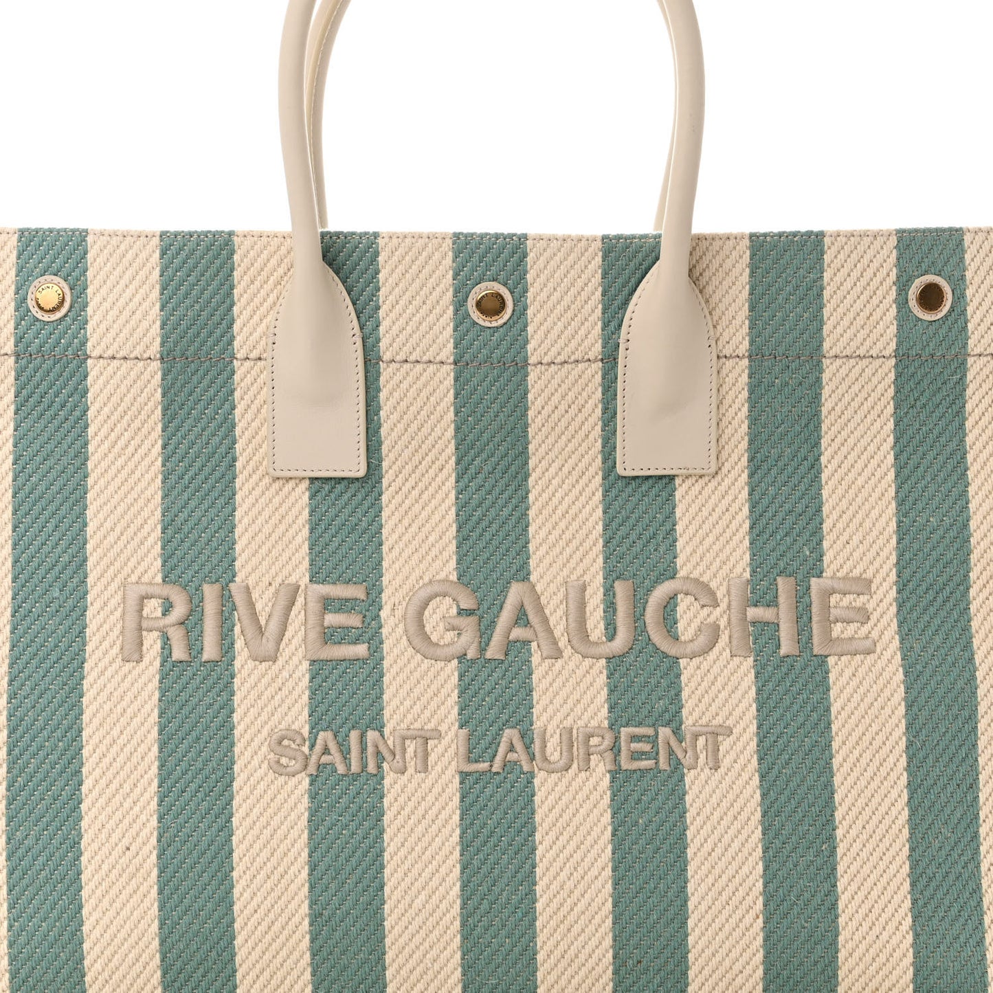 Cotton Linen Calfskin Striped Rive Gauche Tote Water Green