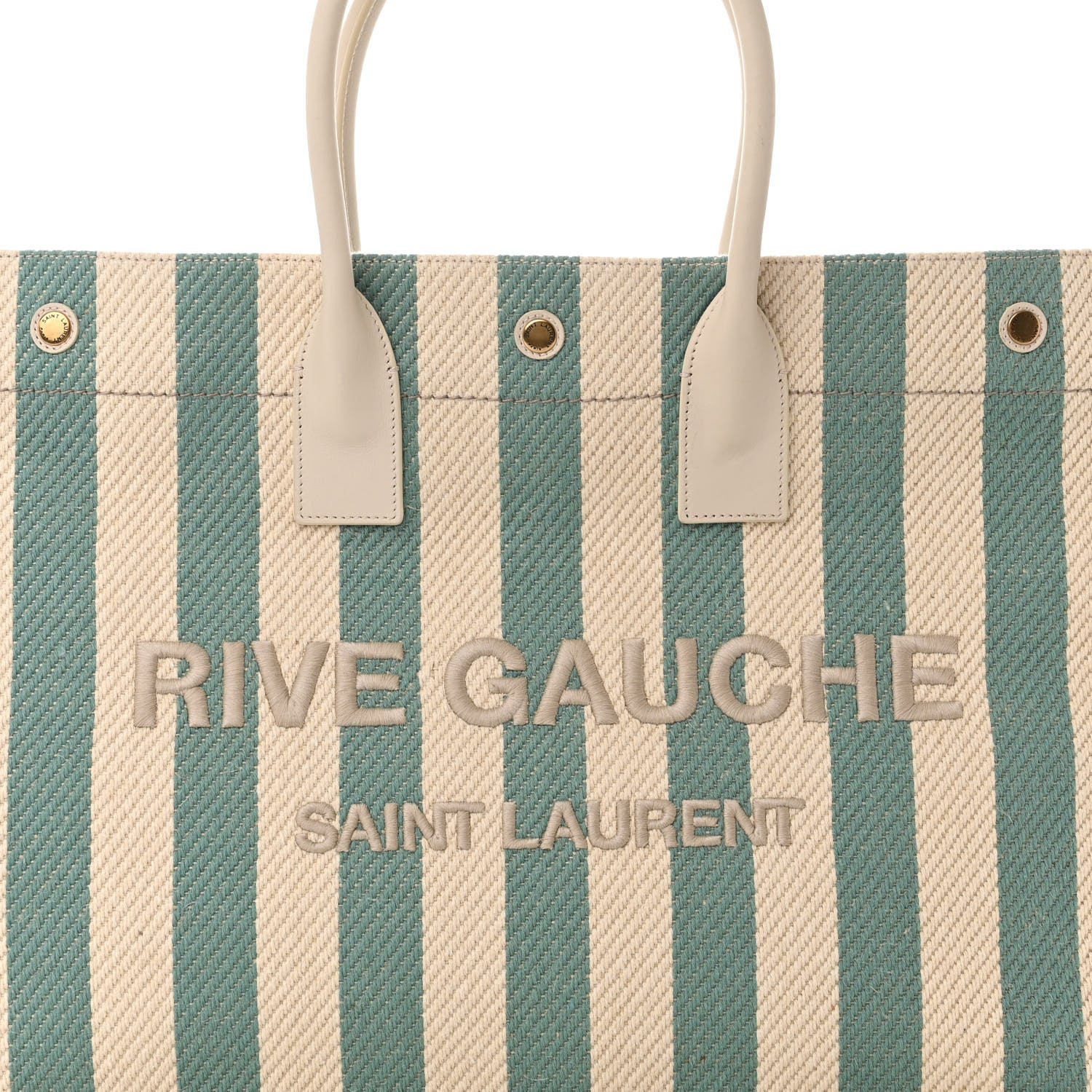Saint Laurent Cotton Linen Calfskin Striped Rive Gauche Tote Water Green 8 of 12