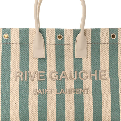 Saint Laurent Cotton Linen Calfskin Striped Rive Gauche Tote Water Green 8 of 12