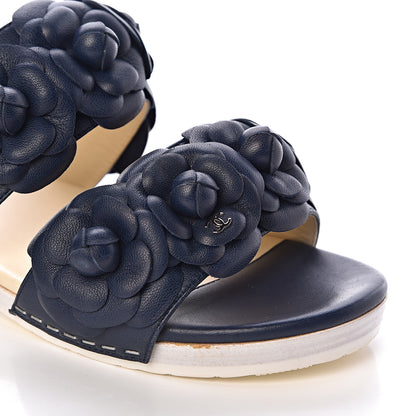 Chanel Lambskin Camellia Sandals 37 Navy Blue 9 of 15