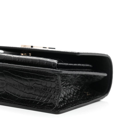 Saint Laurent Calfskin Crocodile Embossed Monogram Sunset Chain Wallet Black 9 of 10