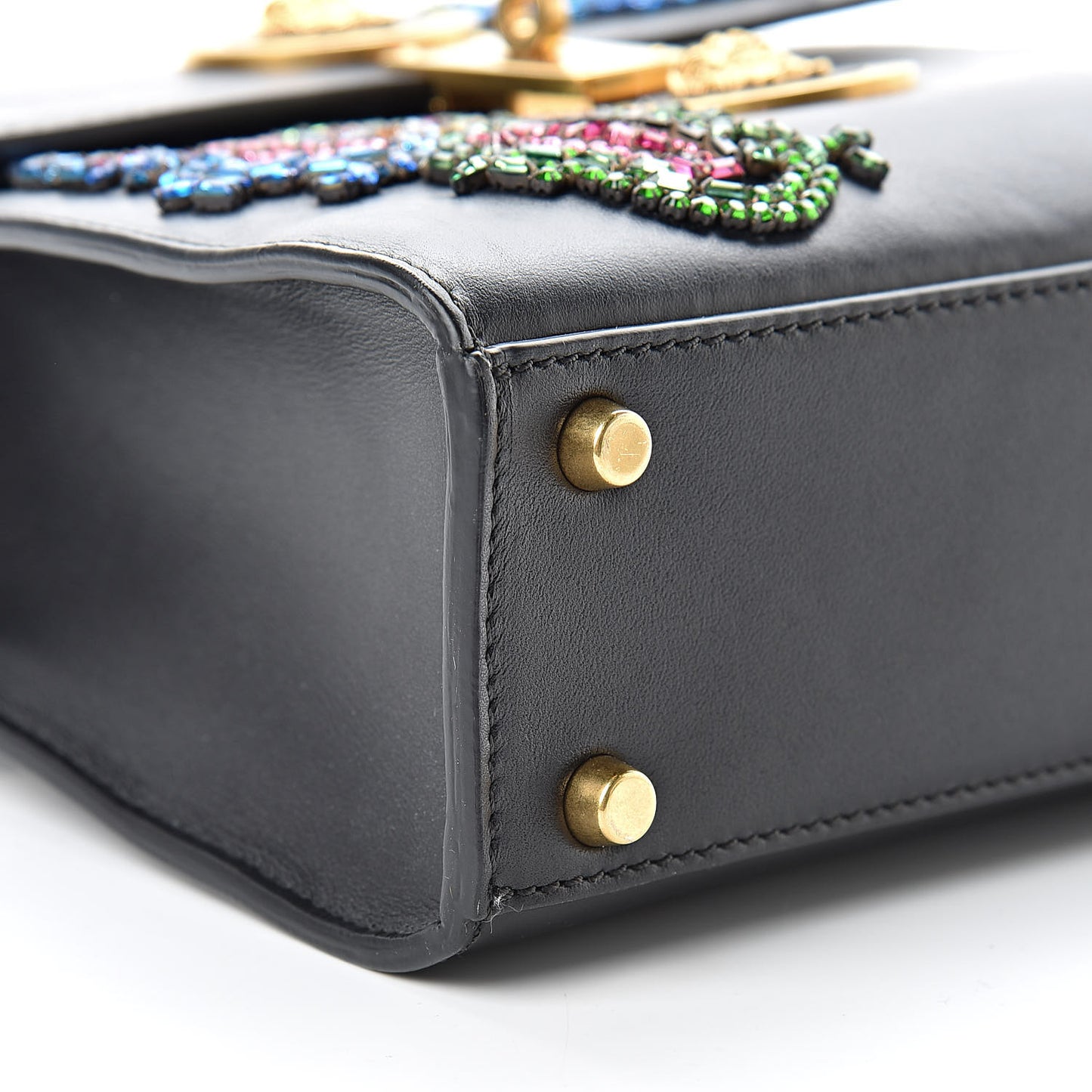 Nappa Crystal Embroidered Alphabet Icon Flap Black